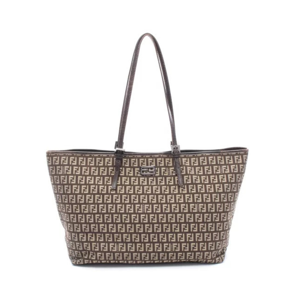 Fendi Zucchino Tote Bag Canvas Leather Brown Beige Cream